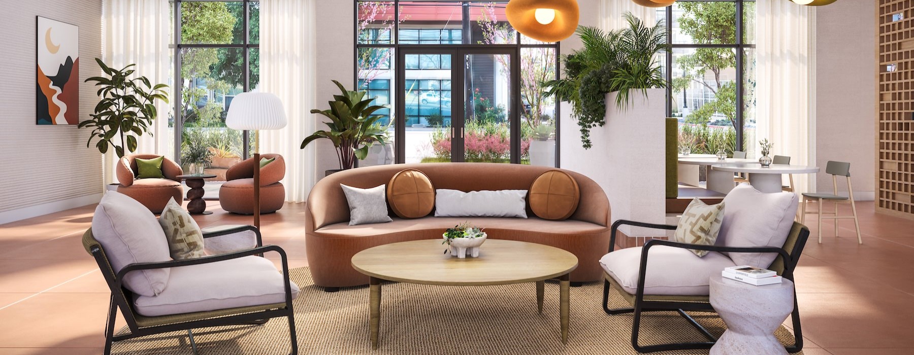 a clubroom with a couch, a coffee table and chairs