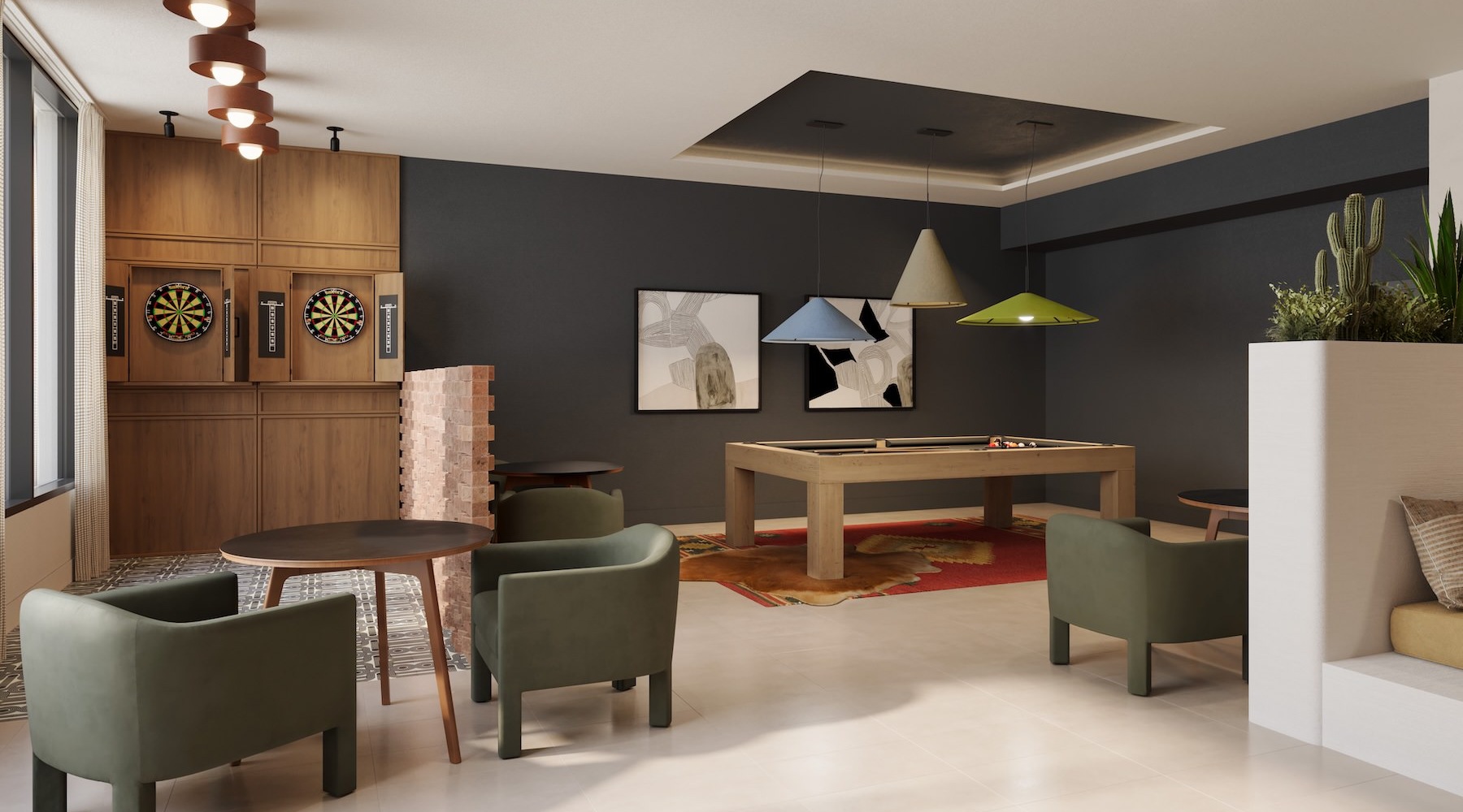 a clubroom with a pool table and chairs