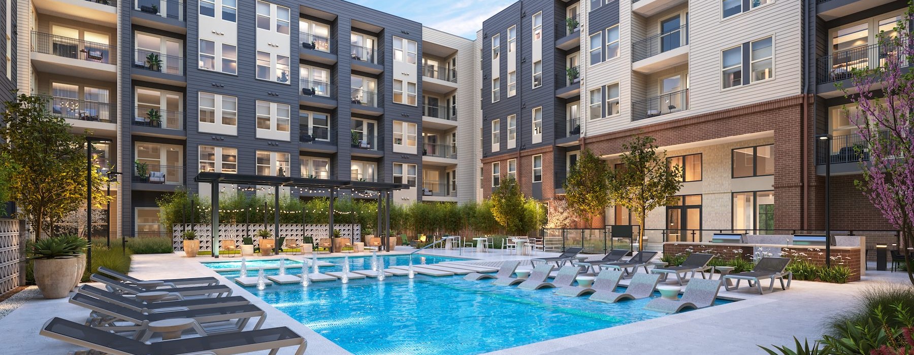 a swimming pool in a courtyard between buildings